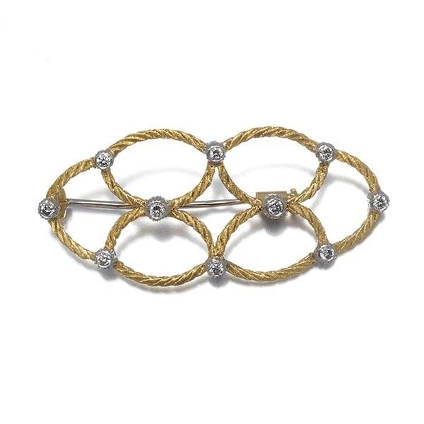 BUCCELLATI /WAKO BROOCH DIAMOND 18K YG/WG: BUCCELLATI /WAKO Brooch Diamond 18K YG/WG Brand: BUCCELLATI Type/Style: Brooch Material: 18K / 750 / Yellow Gold,18K / 750 / White Gold, Main Stone Natural Color: Size: Design size: 22.0 x 48.2mm