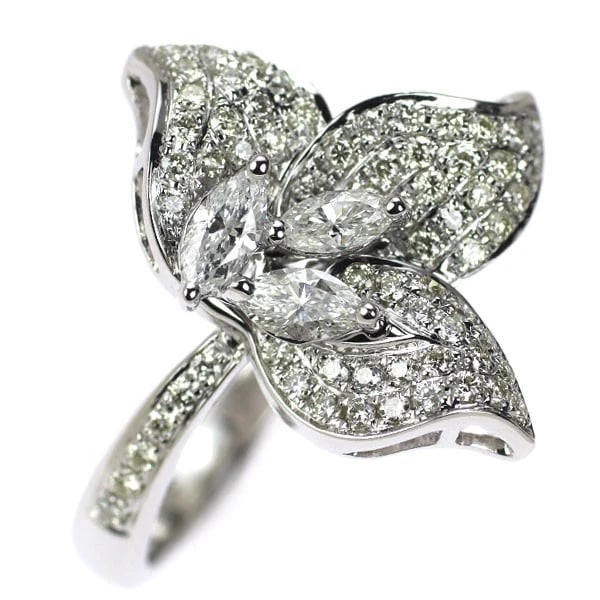 K18WG DIAMOND RING FLOWER: K18WG Diamond Ring Flower Brand: None Type/Style: Ring Material: K18WG, Main Stone Natural Color: WG Size: 6 US Accessories: None Accessories Notice: When purchasing pre-owned goods, pleas