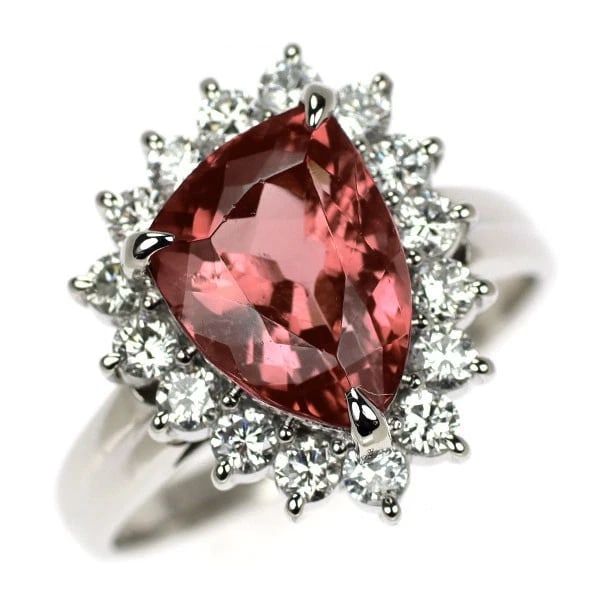 PT900 ORANGE PINK TOURMALINE DIAMOND RING: Pt900 orange pink tourmaline diamond ring Brand: None Type/Style: Ring Material: Pt900, Main Stone Natural/tourmaline Color: None Size: 7.5 US Accessories: None Accessories Notice: When purchasing