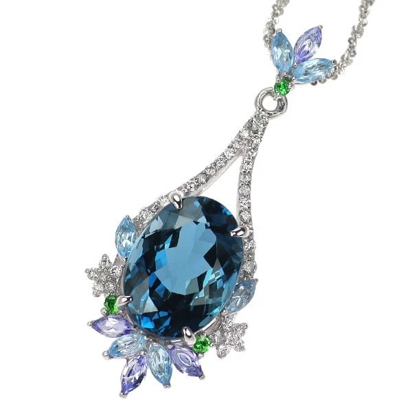 PT900/ PT850 BLUE TOPAZ COLOR STONE DIAMOND PENDANT NECKLACE: Pt900/ Pt850 blue topaz color stone diamond pendant necklace Brand: None Type/Style: pendant necklace Material: Pt900/Pt850, Main Stone Natural/Topaz Color: None Size: Chain Length: 46cm Accessories: