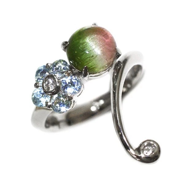 PT900 BICOLOR TOURMALINE CAT'S EYE AQUAMARINE DIAMOND RING: Pt900 Bicolor Tourmaline Cat's Eye Aquamarine Diamond Ring Brand: None Type/Style: Ring Material: Pt900, Main Stone Natural Color: Pt Size: 5.5 - 5.75 US Accessories: None Accessories Notice: When