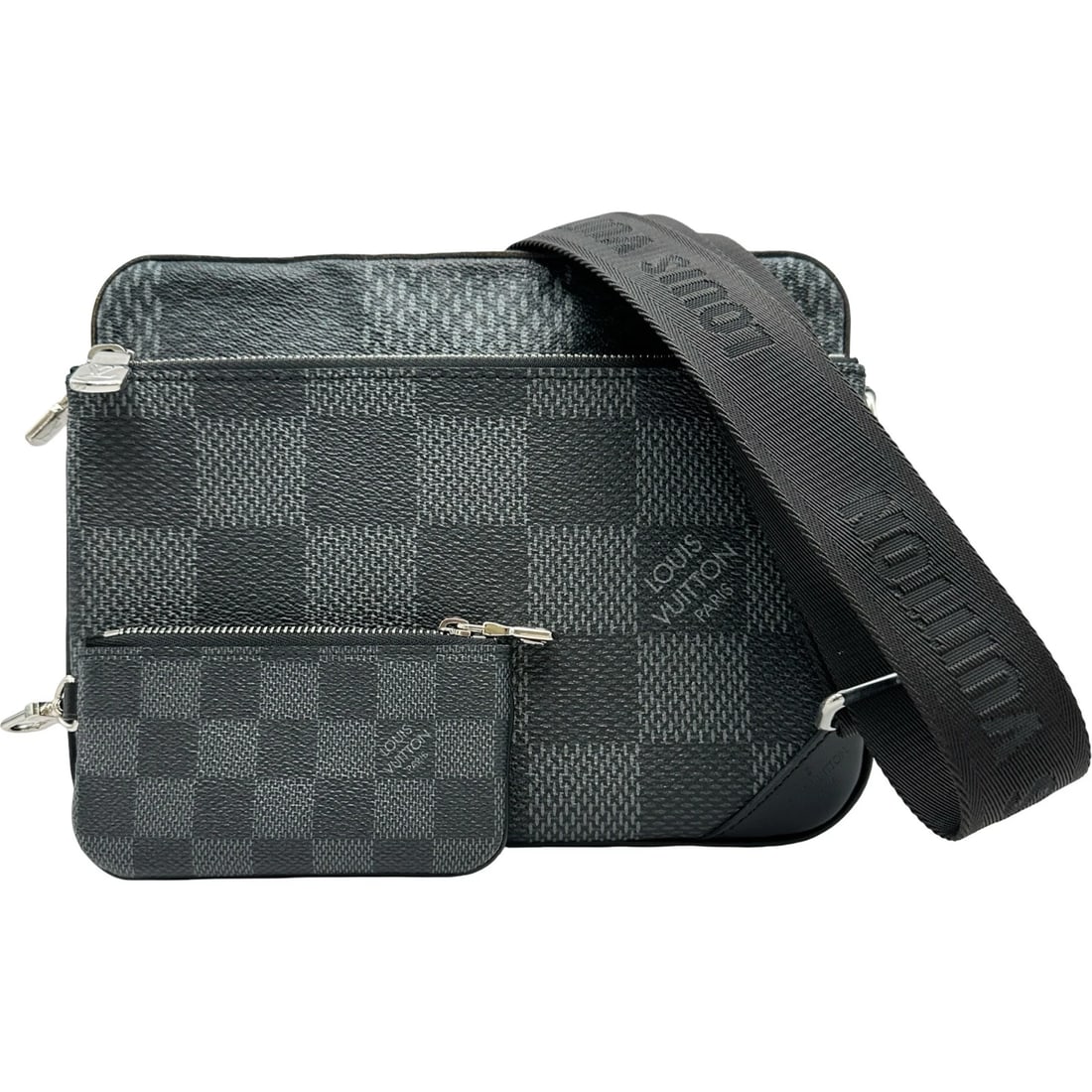 LOUIS VUITTON TRIO MESSENGER SHOULDER BAG: LOUIS VUITTON Trio Messenger Shoulder Bag Brand: LOUIS VUITTON Type/Style: Shoulder Bag Material: Damier Graphite 3D Color: gray Size: W9.8 x H7.1x D1.8inch Shoulder:31.5inch Accessories: None