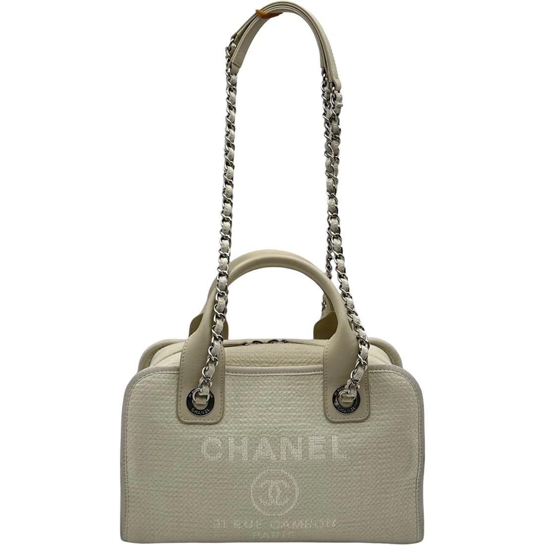 CHANEL DEAUVILLE BOWLING SHOULDER BAG: CHANEL Deauville bowling Shoulder Bag Brand: CHANEL Type/Style: Shoulder Bag Material: Canvas / leather Color: white Size: W10.6 x H6.7x D4.3inch Accessories: None Accessories Notice: When purchasing
