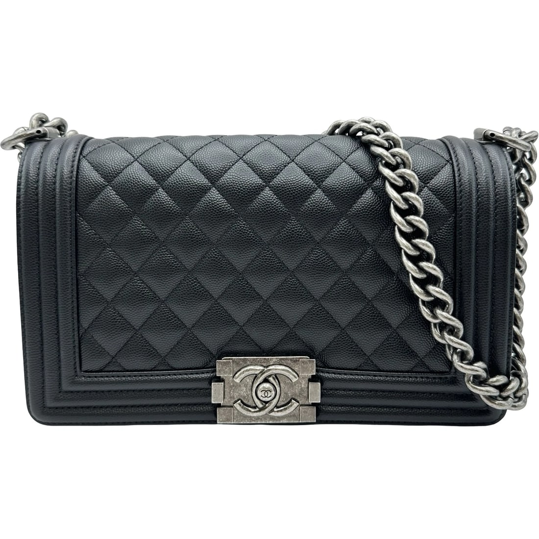 CHANEL BOY CHANEL SHOULDER BAG: CHANEL Boy Chanel Shoulder Bag Brand: CHANEL Type/Style: Shoulder Bag Material: Caviar skin Color: Black SilverHardware Size: W9.8 x H5.9x D2.4inch Shoulder:24.4inch Accessories: None Accessories
