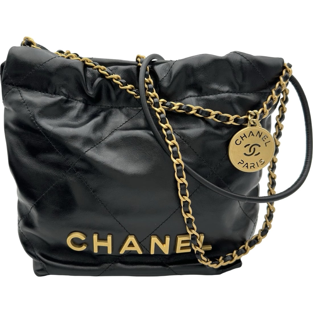 CHANEL MINI SHOULDER BAG: CHANEL mini Shoulder Bag Brand: CHANEL Type/Style: Shoulder Bag Material: shiny calf Color: Black Gold Hardware Size: W8.7 x H7.5x D2.6inch Accessories: None Accessories Notice: When purch