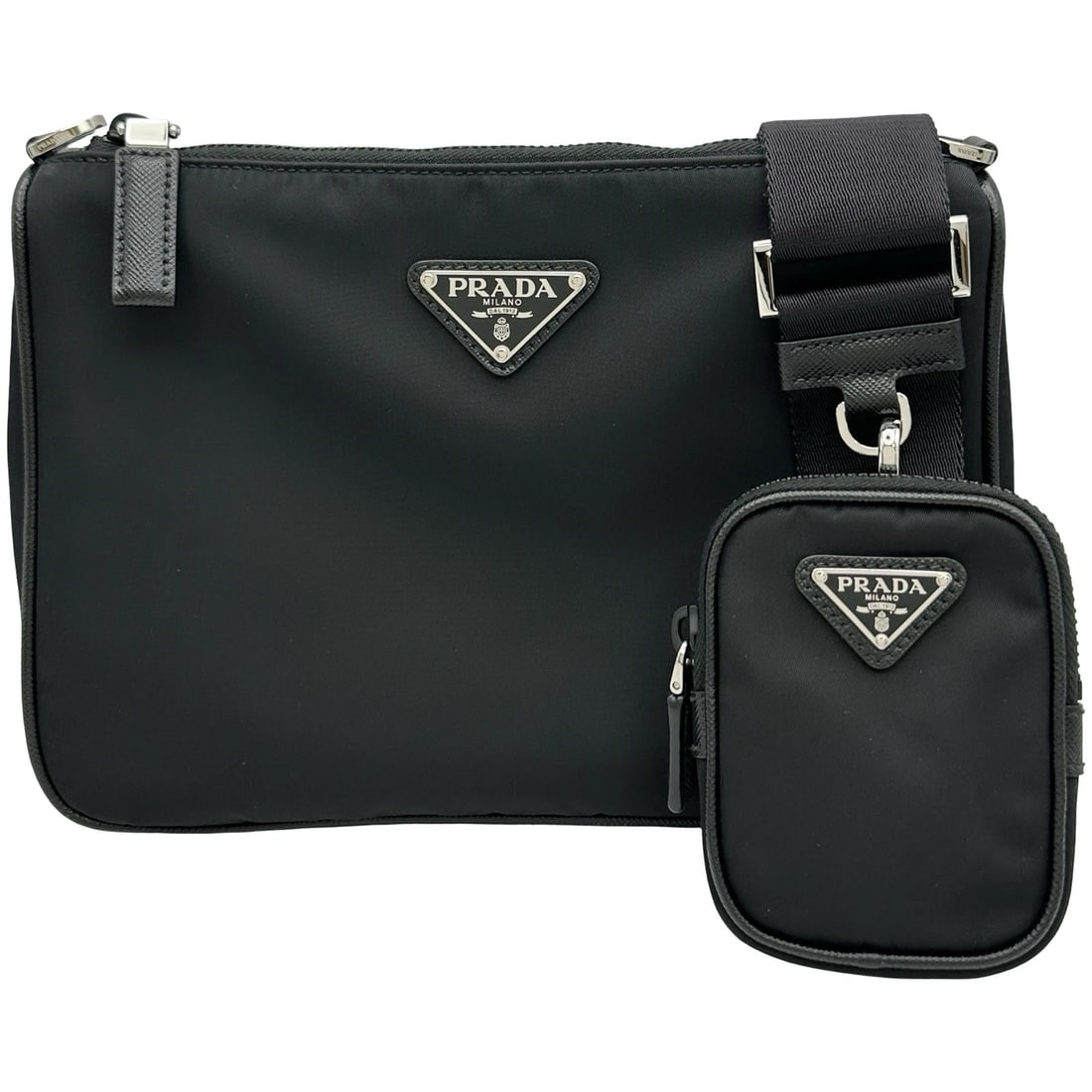 PRADA RE-NYLON SHOULDER BAG: PRADA Re-Nylon Shoulder Bag Brand: PRADA Type/Style: Shoulder Bag Material: Test nylon Color: black Size: W9.3 x H6.5x D2.2inch Shoulder:38.2inch Accessories: None Accessories Notice: When purchasing