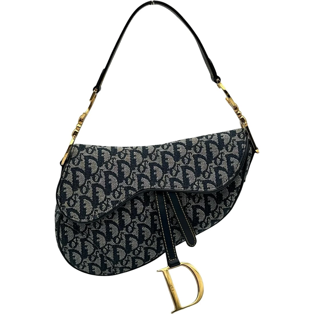 CHRISTIAN DIOR TROTTER SADDLEBAGS SHOULDER BAG: Christian Dior Trotter Saddlebags Shoulder Bag Brand: Christian Dior Type/Style: Shoulder Bag Material: Canvas leather Color: Navy Gold Hardware Size: W9.4 x H7.1x D2.0inch Accessories: None