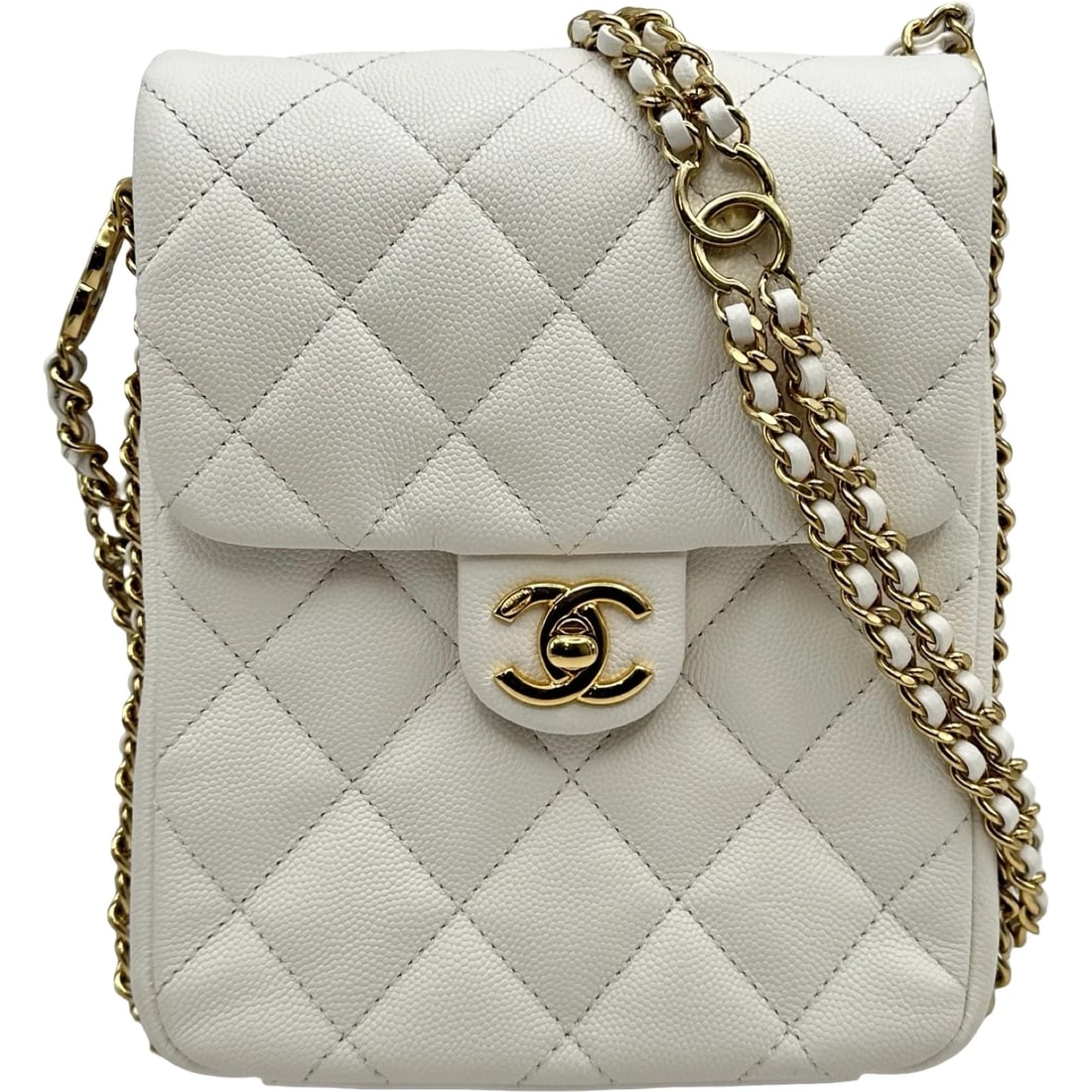 CHANEL MATRASSE SHOULDER BAG: CHANEL Matrasse Shoulder Bag Brand: CHANEL Type/Style: Shoulder Bag Material: Caviar skin Color: White Gold Hardware Size: W5.9 x H7.5x D1.8inch Shoulder:40.2inch Accessories: None Accesso
