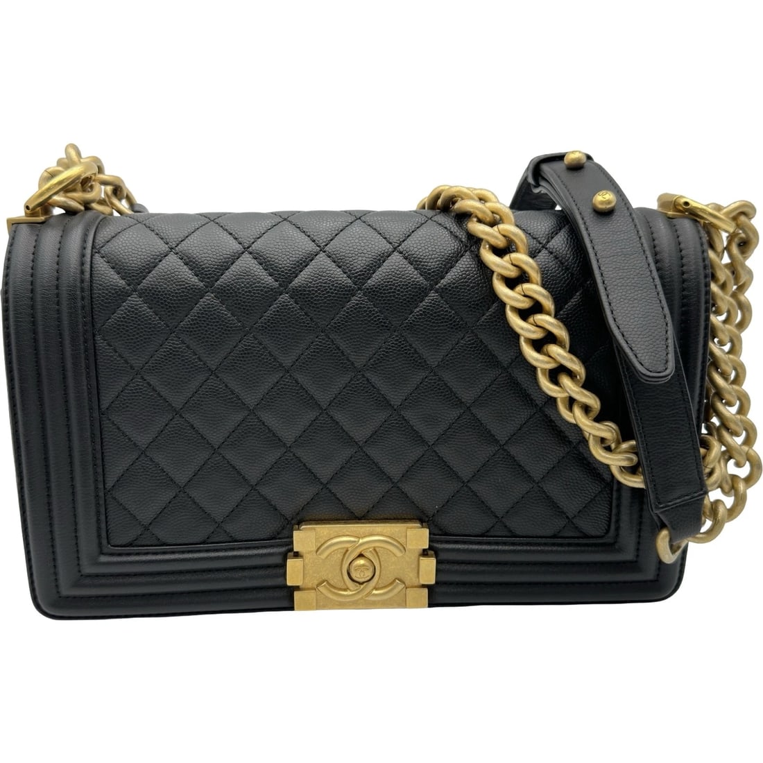 CHANEL BOY CHANEL SHOULDER BAG: CHANEL Boy Chanel Shoulder Bag Brand: CHANEL Type/Style: Shoulder Bag Material: Caviar skin Color: Black Gold Hardware Size: W9.8 x H5.7x D2.8inch Shoulder:49.6inch Accessories: None Acces
