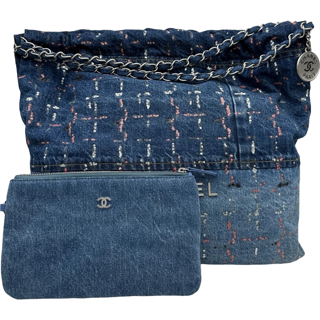 CHANEL SHOULDER BAG: CHANEL Shoulder Bag Brand: CHANEL Type/Style: Shoulder Bag Material: Denim / Sequin Color: Blue SilverHardware Size: W8.7 x H13.6x D3.1inch Accessories: None Accessories Notice: When purch