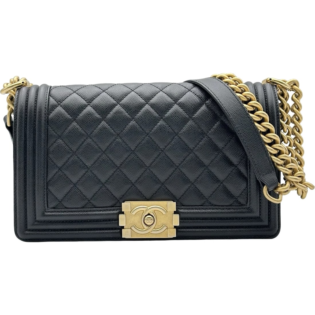 CHANEL BOY CHANEL SHOULDER BAG: CHANEL Boy Chanel Shoulder Bag Brand: CHANEL Type/Style: Shoulder Bag Material: Caviar skin Color: Black Gold Hardware Size: W9.8 x H5.9x D2.4inch Shoulder:24.6inch Accessories: None Acces