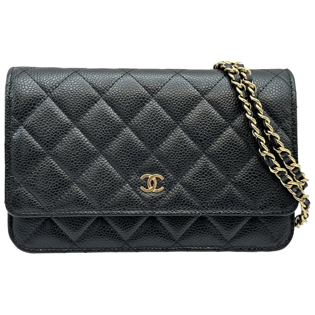 CHANEL MATRASSE CHAIN WALLET SHOULDER BAG: CHANEL Matrasse Chain Wallet Shoulder Bag Brand: CHANEL Type/Style: Shoulder Bag Material: Caviar skin Color: Black Gold Hardware Size: W7.5 x H4.9x D1.0inch Shoulder:49.6inch Accessories: None