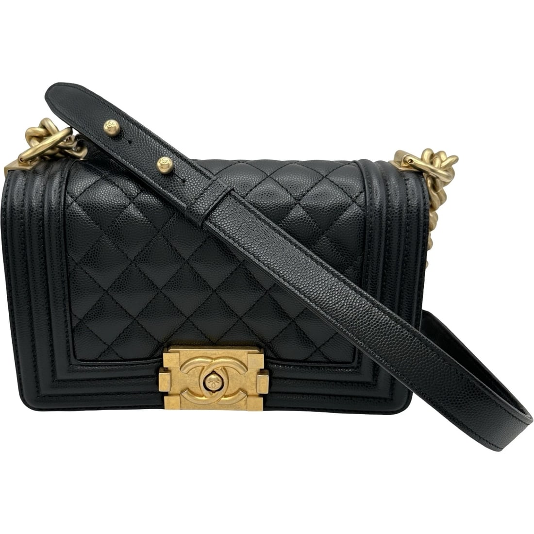 CHANEL BOY CHANEL SHOULDER BAG: CHANEL boy chanel Shoulder Bag Brand: CHANEL Type/Style: Shoulder Bag Material: Caviar skin Color: Black Gold Hardware Size: W7.9 x H5.1x D2.4inch Shoulder:50.4inch Accessories: None Acces