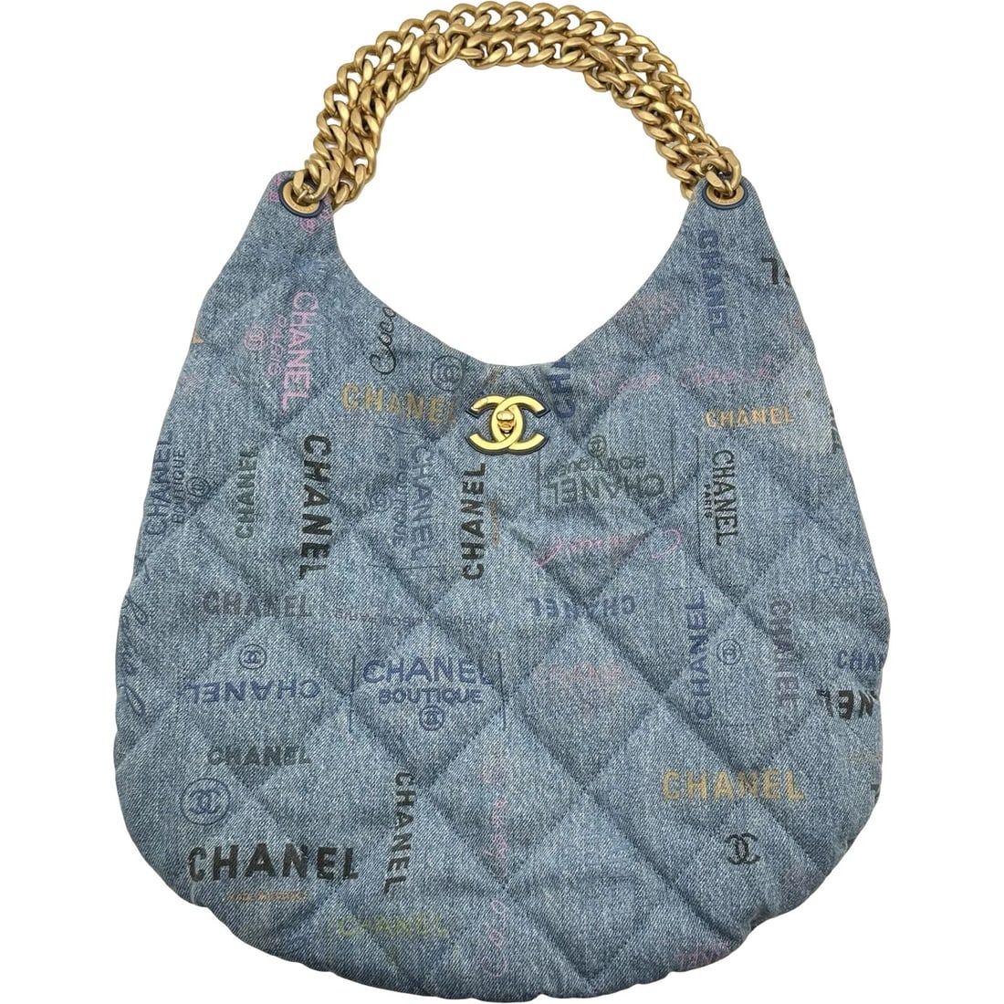 CHANEL MAXI DENIM HOBO HANDBAG: CHANEL Maxi Denim Hobo Handbag Brand: CHANEL Type/Style: Handbag Material: denim Color: Blue Gold Hardware Size: W14.6 x H15.7x D0.4inch Accessories: None Accessories Notice: When purchasing