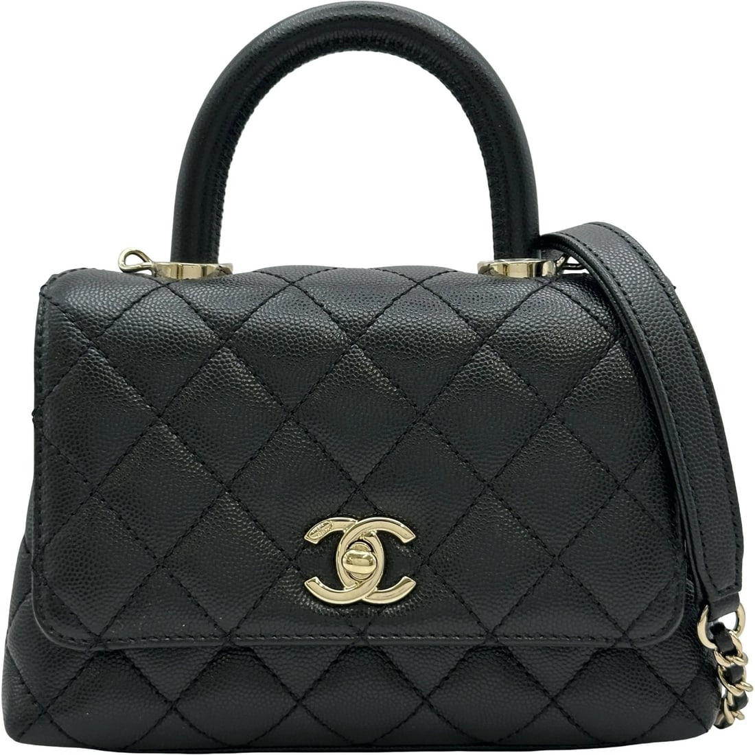 CHANEL COCO HANDLE XXS SHOULDER BAG: CHANEL Coco handle XXS Shoulder Bag Brand: CHANEL Type/Style: Shoulder Bag Material: Caviar skin Color: Gold Hardware Size: W7.1 x H4.7x D3.1inch Shoulder:46.1inch Accessories: None Access