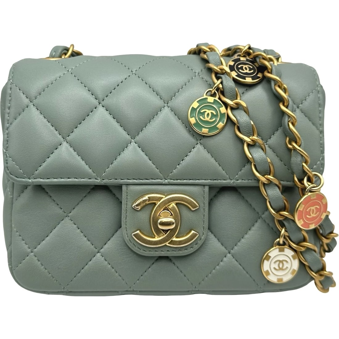 CHANEL MINI MATRASSE SHOULDER BAG: CHANEL Mini Matrasse Shoulder Bag Brand: CHANEL Type/Style: Shoulder Bag Material: lambskin Color: Light Gray GoldHardware Size: W6.3 x H5.1x D2.0inch Shoulder:46.5inch Accessories: None Accessories