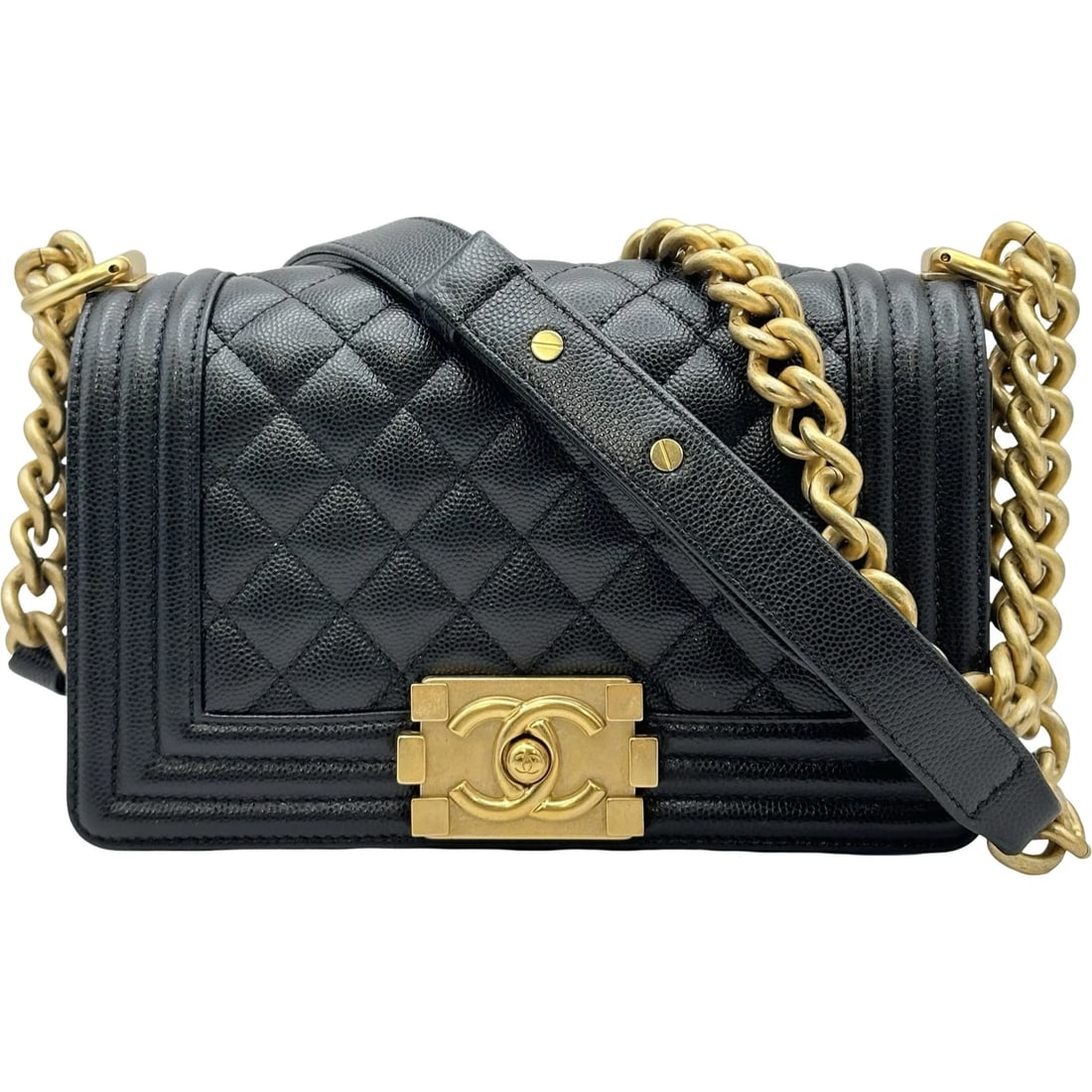 CHANEL BOY CHANEL SHOULDER BAG: CHANEL boy chanel Shoulder Bag Brand: CHANEL Type/Style: Shoulder Bag Material: Caviar skin Color: Black Gold Hardware Size: W7.8 x H4.9x D2.0inch Shoulder:24.6inch Accessories: None Acces