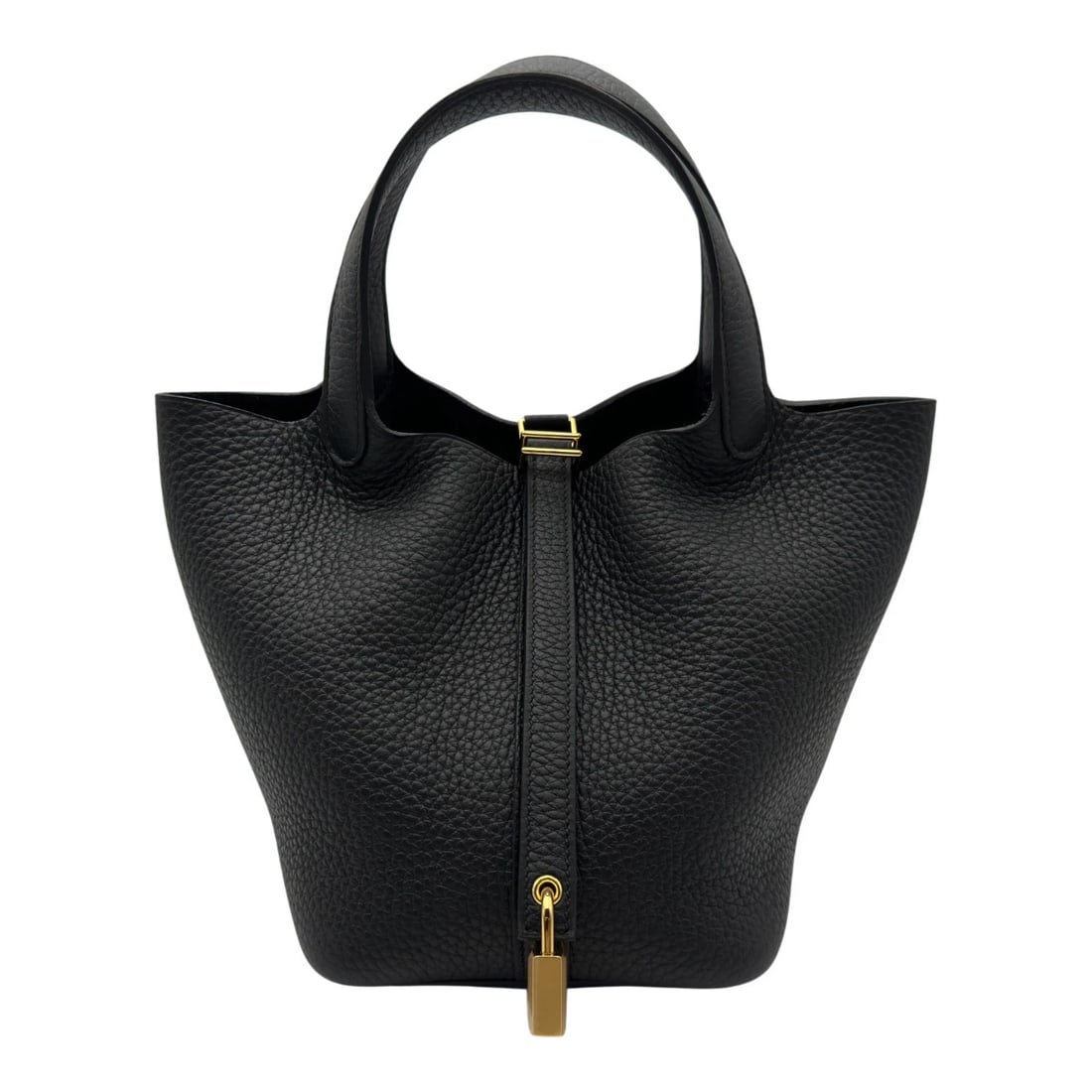 HERMES PICOTAN LOCK PM HANDBAG: HERMES Picotan Lock PM Handbag Brand: HERMES Type/Style: Handbag Material: Taurillon Clemence Color: Black Gold Hardware Size: W5.1 x H7.5x D6.9inch Accessories: None Accessories Notice: When