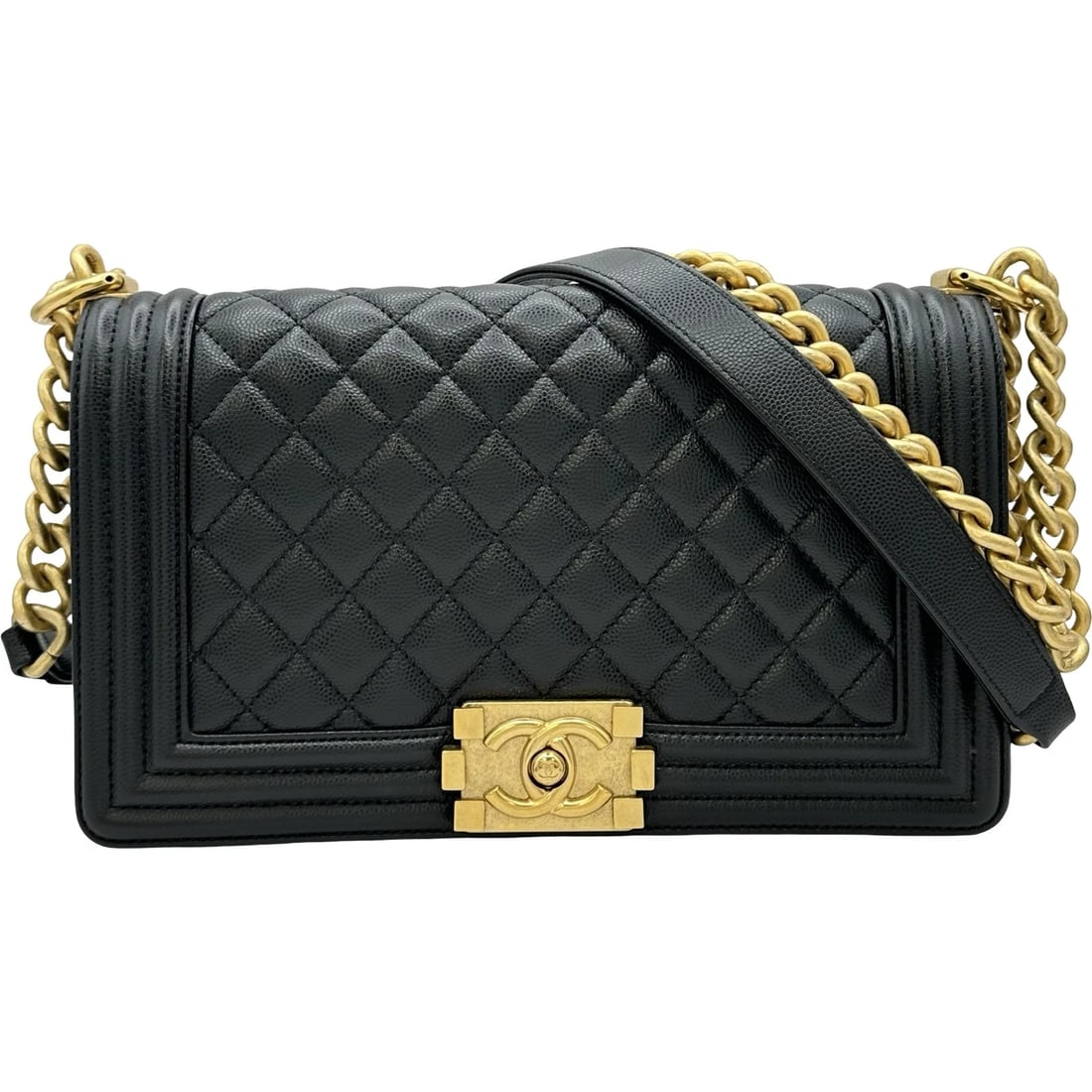 CHANEL BOY CHANEL SHOULDER BAG: CHANEL Boy Chanel Shoulder Bag Brand: CHANEL Type/Style: Shoulder Bag Material: Caviar skin Color: Black Gold Hardware Size: W9.6 x H5.9x D2.4inch Shoulder:25.2inch Accessories: None Acces