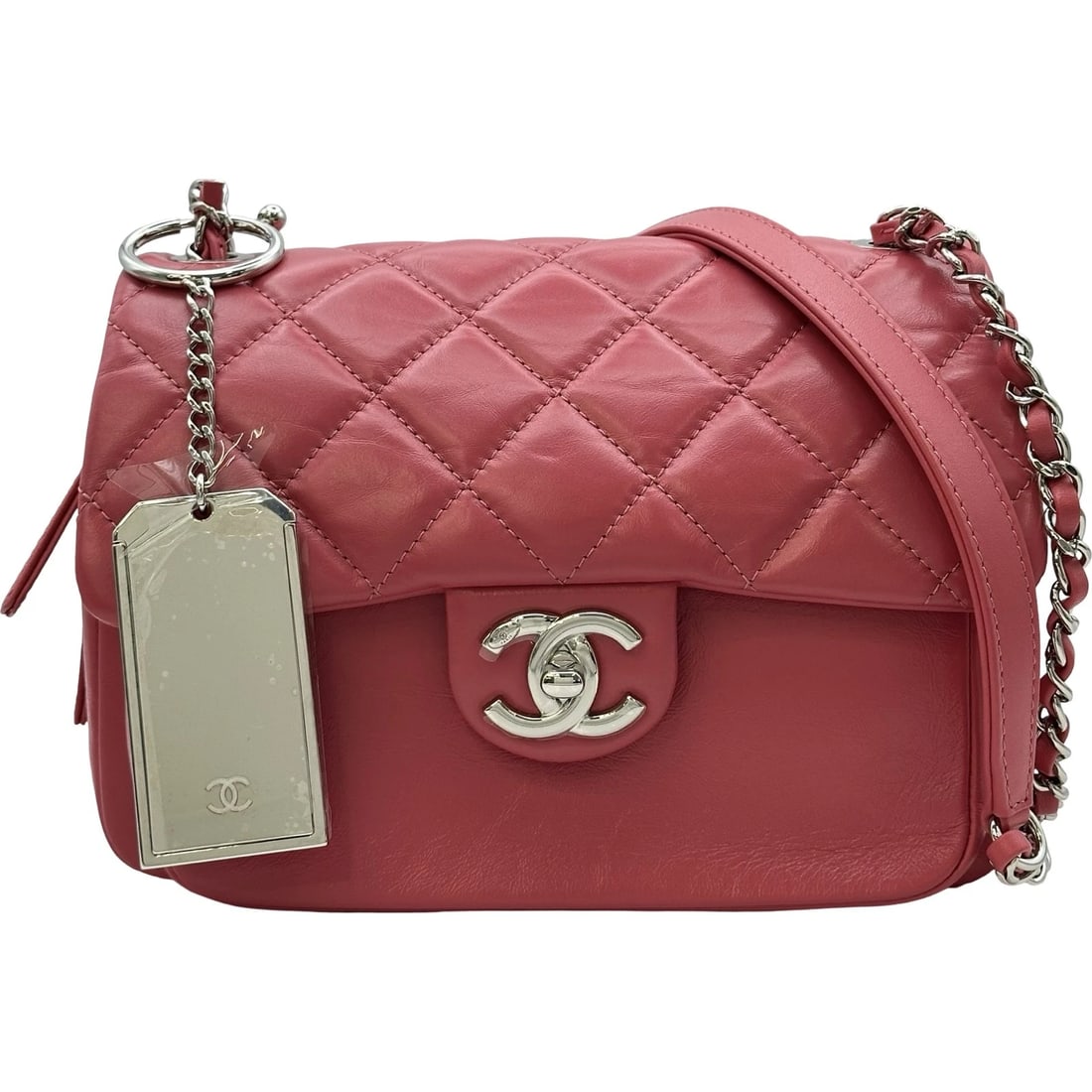 CHANEL FLAP CHAIN SHOULDER BAG: CHANEL Flap Chain Shoulder Bag Brand: CHANEL Type/Style: Shoulder Bag Material: Calfskin Color: Pink SilverHardware Size: W7.7 x H5.3x D2.8inch Shoulder:45.9inch Accessories: None Accessories Notice: