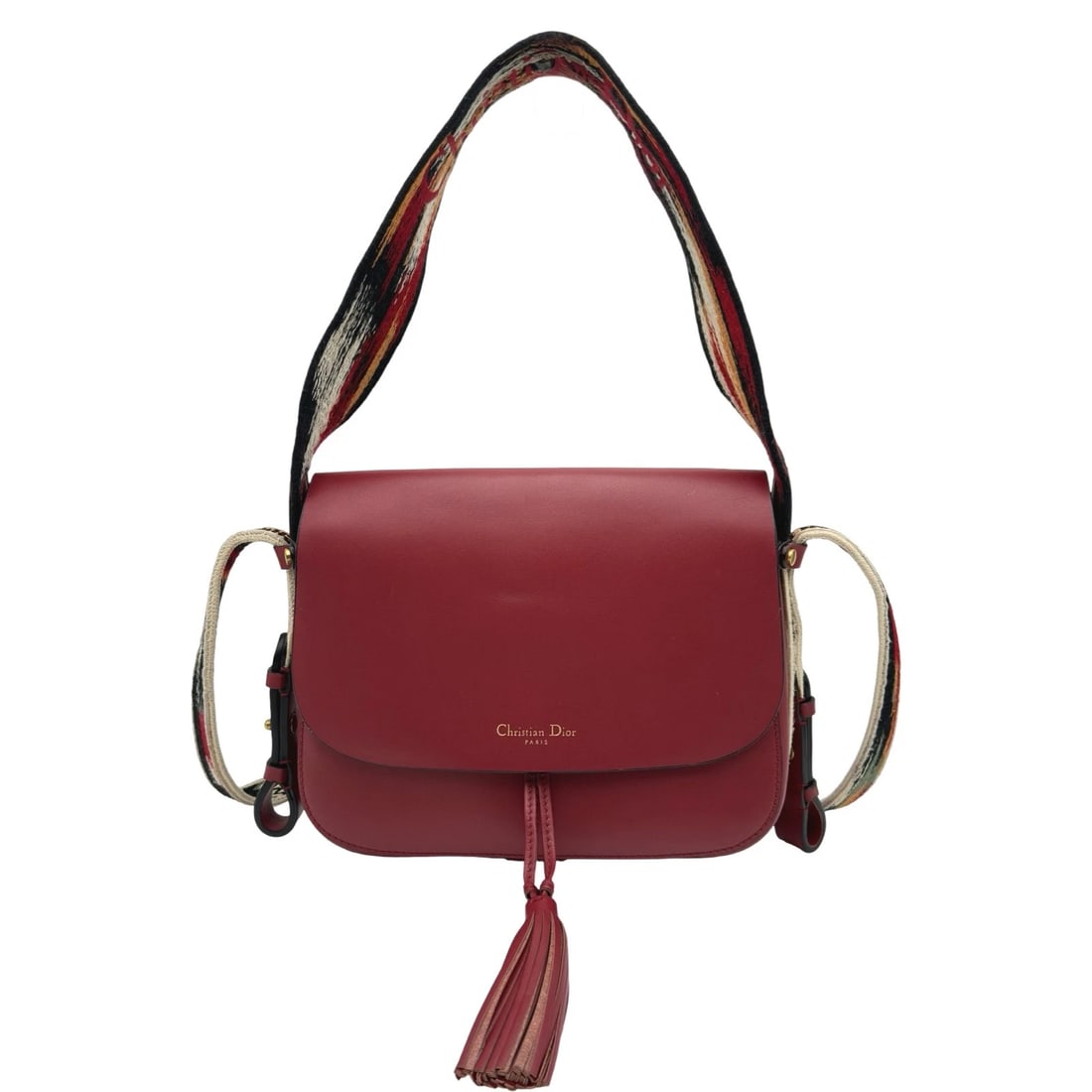 CHRISTIAN DIOR LOGO DOUBLE HANDLE TASSEL SHOULDER BAG: Christian Dior Logo Double Handle Tassel Shoulder Bag Brand: Christian Dior Type/Style: Shoulder Bag Material: leather Color: Red gold hardware Size: W9.1 x H7.5x D2.4inch Shoulder:41.7inch Access