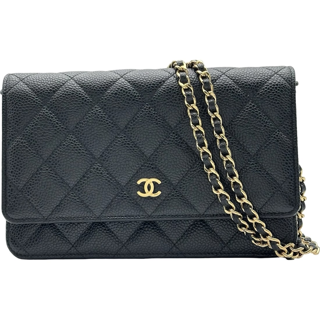 CHANEL MATRASSE CHAIN WALLET SHOULDER BAG: CHANEL Matrasse Chain Wallet Shoulder Bag Brand: CHANEL Type/Style: Shoulder Bag Material: Caviar skin Color: Black Gold Hardware Size: W7.5 x H4.9x D1.2inch Shoulder:58.1inch Accessories: None