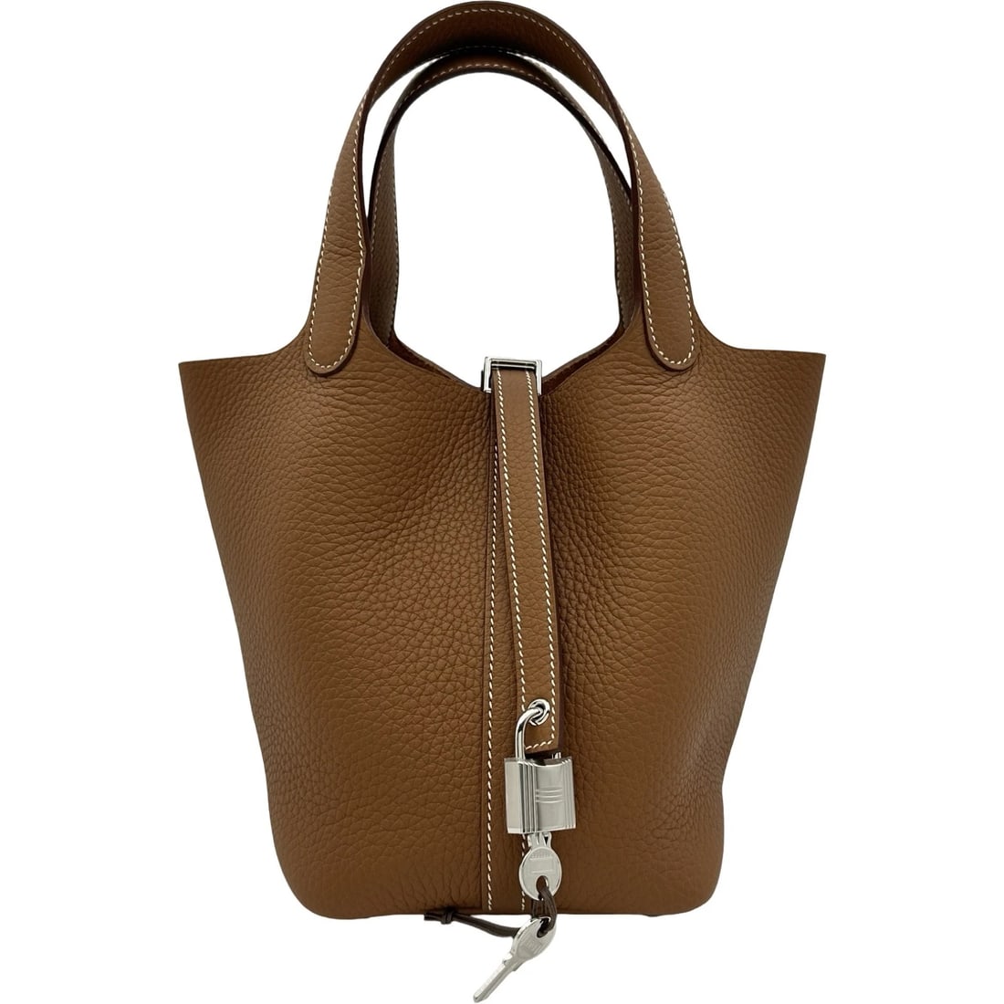 HERMES PICOTAN LOCK PM HANDBAG: HERMES Picotan Lock PM Handbag Brand: HERMES Type/Style: Handbag Material: Taurillon Clemence Color: Gold SilverHardware Size: W7.1 x H7.1x D5.3inch Accessories: None Accessories Notice: When