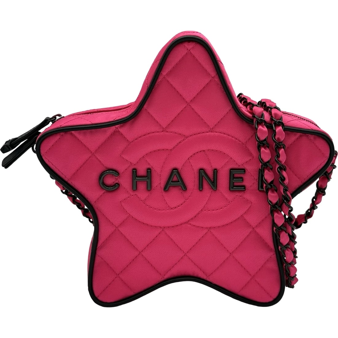 CHANEL STAR CHAIN SHOULDER BAG: CHANEL Star Chain Shoulder Bag Brand: CHANEL Type/Style: Shoulder Bag Material: Satin Color: Pink Black Hardware Size: W8.7 x H7.3x D2.4inch Shoulder:47.2inch Accessories: None Accessories Notice: