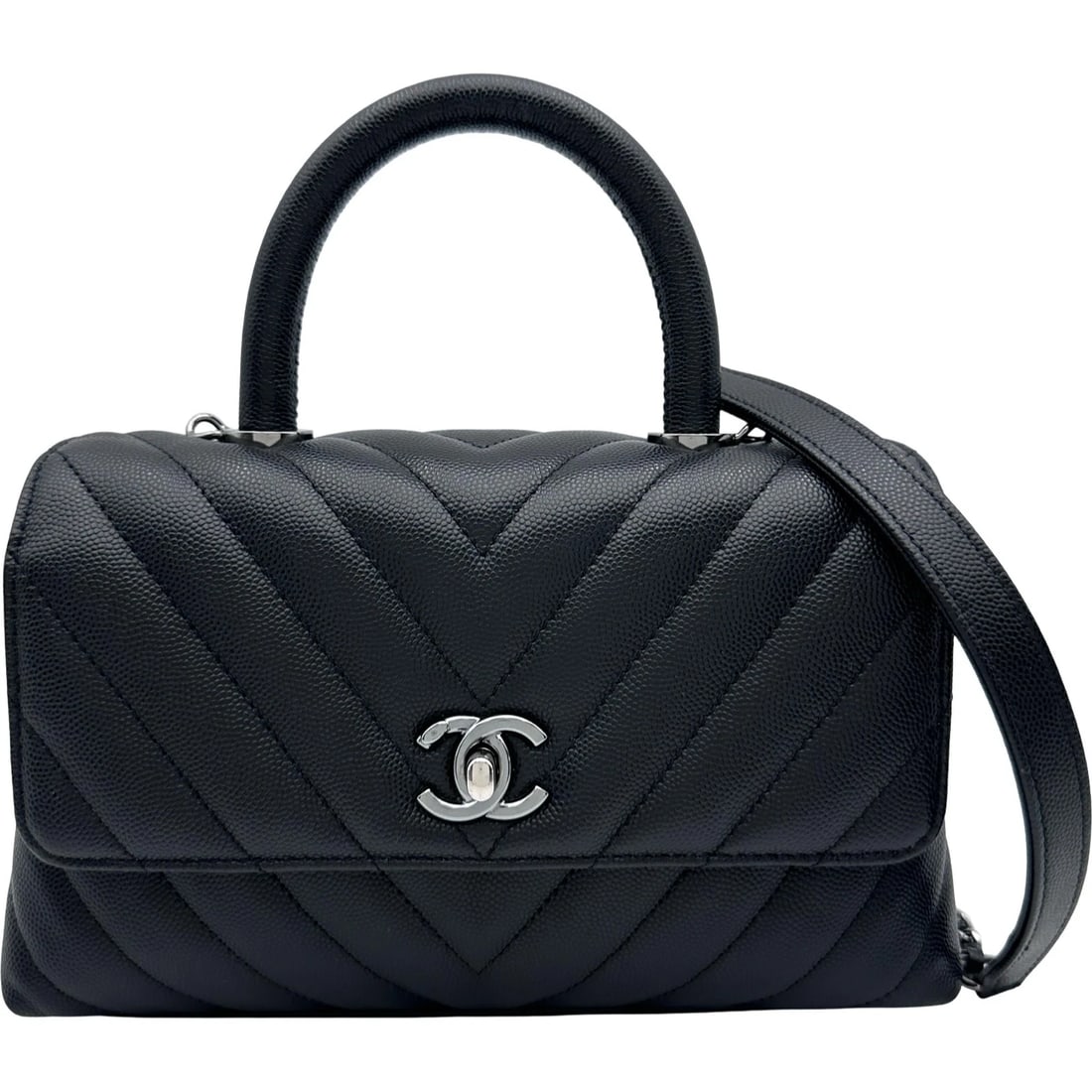 CHANEL COCO HANDLE XS V-STICK SHOULDER BAG: CHANEL Coco Handle XS V-Stick Shoulder Bag Brand: CHANEL Type/Style: Shoulder Bag Material: Caviar skin Color: Black SilverHardware Size: W8.9 x H5.5x D3.1inch Shoulder:35.8inch Accessories: None
