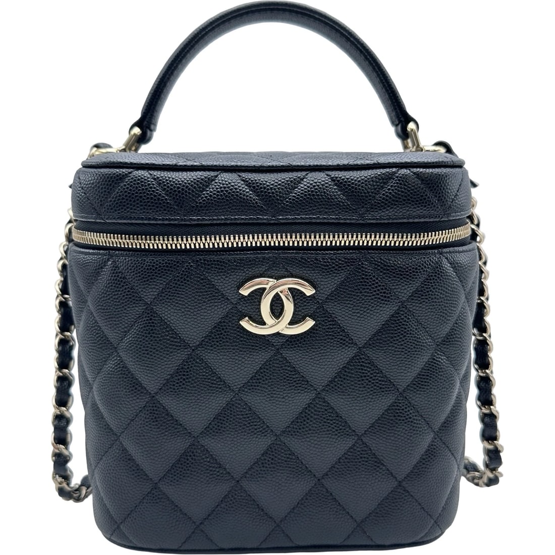 CHANEL MATELASSE VANITY CASE SHOULDER BAG: CHANEL Matelasse Vanity Case Shoulder Bag Brand: CHANEL Type/Style: Shoulder Bag Material: Caviar skin Color: Black Gold Hardware Size: W5.9 x H6.3x D4.7inch Shoulder:40.2inch Accessories: None