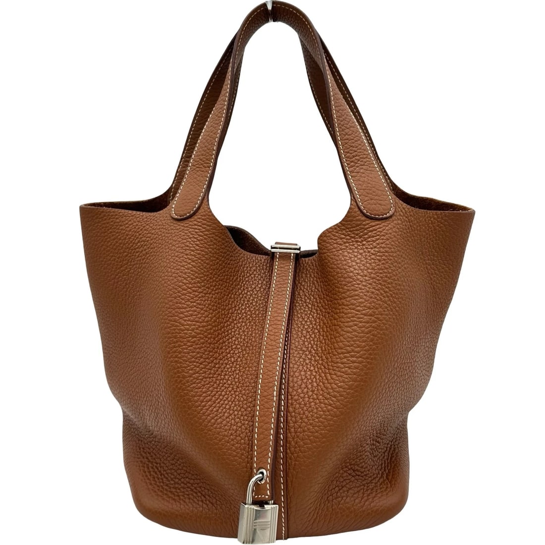 HERMES PICO TAN LOCK MM HANDBAG: HERMES Pico Tan Lock MM Handbag Brand: HERMES Type/Style: Handbag Material: Taurillon Clemence Color: Gold SilverHardware Size: W10.6 x H8.5x D6.7inch Accessories: None Accessories Notice: When