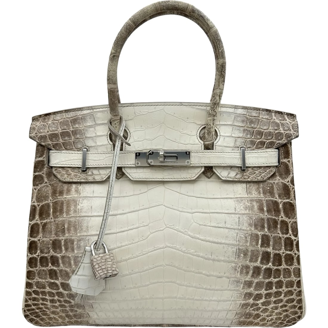 HERMES BIRKIN 30 HANDBAG: HERMES Birkin 30 Handbag Brand: HERMES Type/Style: Handbag Material: Niroticus mat Color: Himalaya Silver Hardware Size: W11.4 x H9.6x D5.5inch Accessories: None Accessories Notice: When purchasing