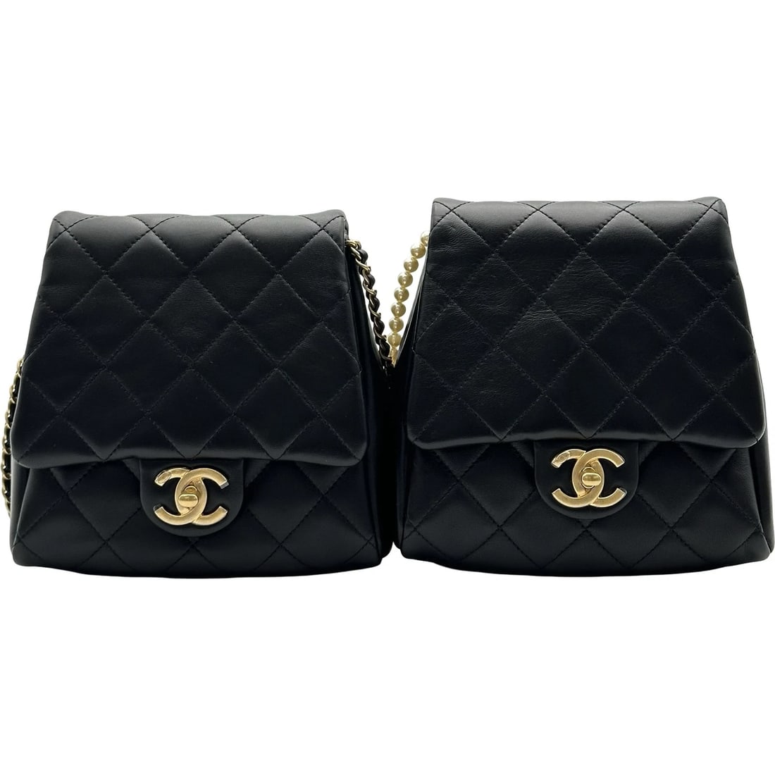 CHANEL MATELASSE TWIN PACK SHOULDER BAG: CHANEL Matelasse Twin Pack Shoulder Bag Brand: CHANEL Type/Style: Shoulder Bag Material: lambskin Color: Black Gold Hardware Size: W6.7 x H6.5x D2.4inch Shoulder:43.7inch Accessories: None