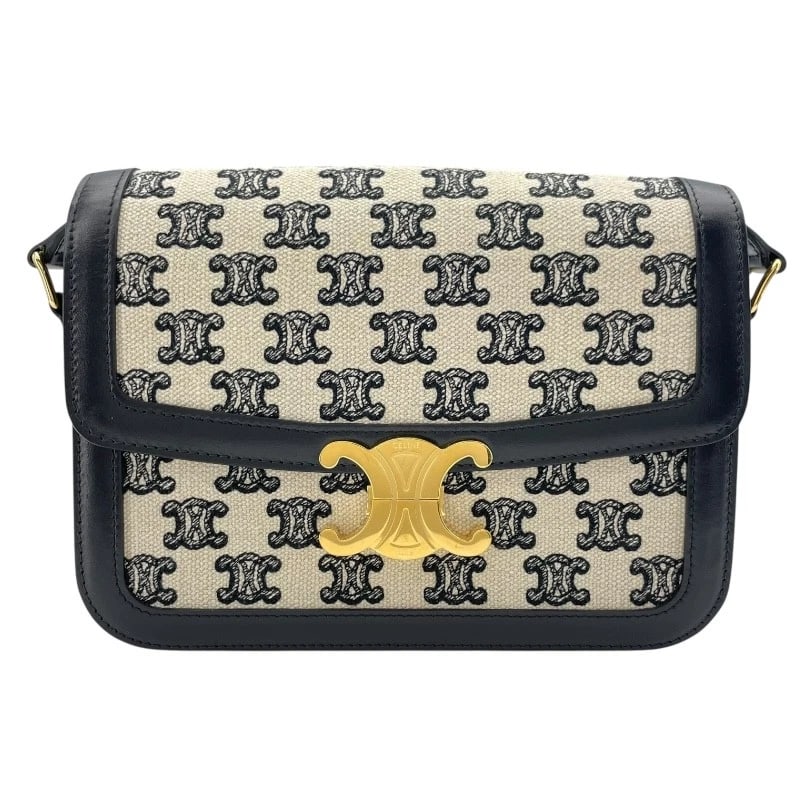 CELINE TEEN TRIOMPHE SHOULDER BAG: CELINE Teen Triomphe Shoulder Bag Brand: CELINE Type/Style: Shoulder Bag Material: Canvas / leather Color: Ivoryx Black GDHardware Size: W8.9 x H6.3x D2.2inch Shoulder:45.3inch Accessories: None