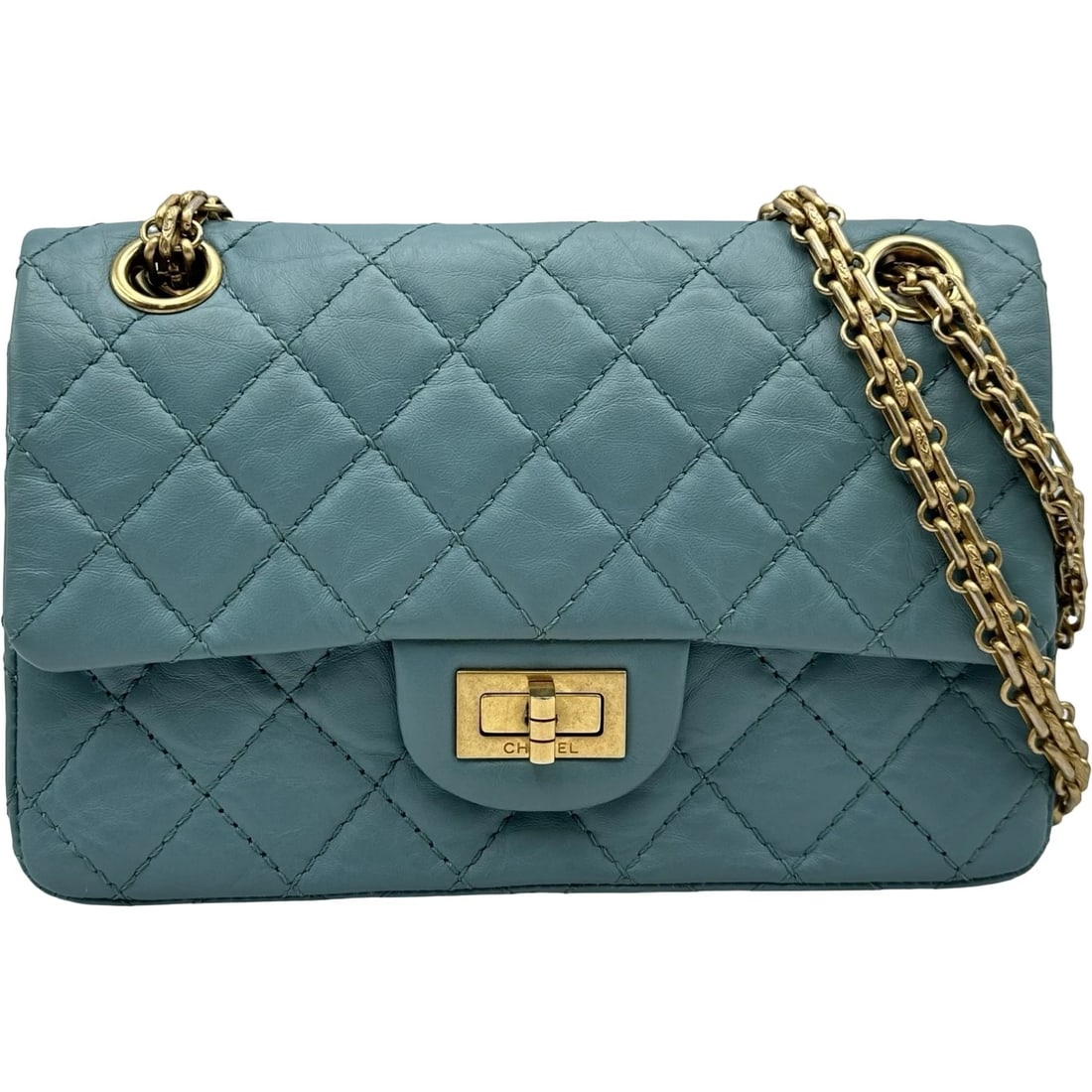 CHANEL CHAIN SHOULDER BAG: CHANEL Chain Shoulder Bag Brand: CHANEL Type/Style: Shoulder Bag Material: Aged Calfskin Color: Light Blue Gold Hardware Size: W7.9 x H5.1x D2.6inch Shoulder:24.8inch Accessories: None Accessories