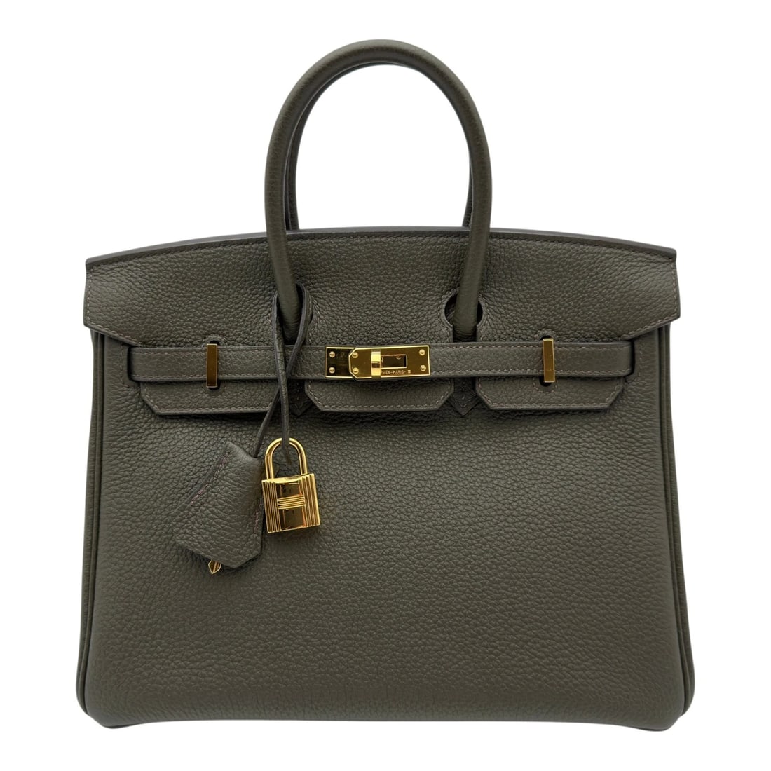 HERMES BIRKIN 25 HANDBAG: HERMES Birkin 25 Handbag Brand: HERMES Type/Style: Handbag Material: Togo Color: Veil Grease Gold Hardware Size: W9.8 x H7.5x D5.3inch Accessories: None Accessories Notice: When purchasing pre-owned