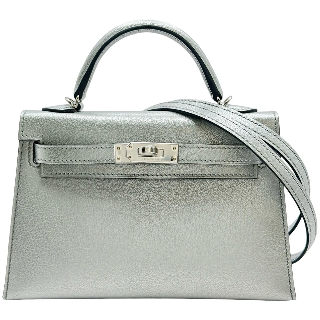 HERMES MINI KELLY 2 SHOULDER BAG: HERMES Mini Kelly 2 Shoulder Bag Brand: HERMES Type/Style: Shoulder Bag Material: Chevre Shamquilla Color: SilverHardware Size: W7.5 x H4.7x D2.2inch Accessories: None Accessories Notice:
