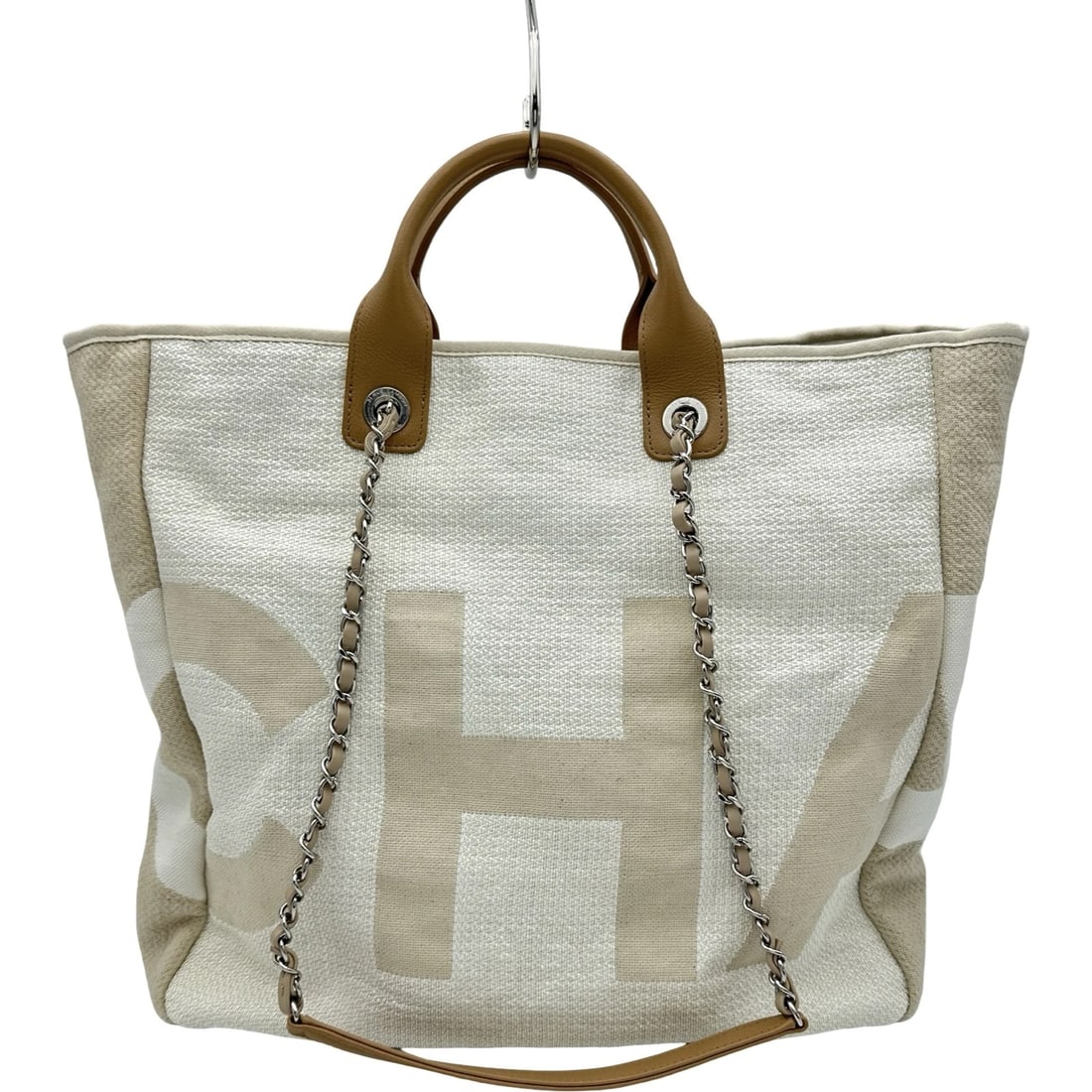CHANEL DEAUVILLE 2-WAYTOTE BAG: CHANEL Deauville 2-WayTote Bag Brand: CHANEL Type/Style: Tote Bag Material: canvas Color: Ivory SilverHardware Size: W15.0 x H14.2x D5.3inch Shoulder:33.1inch Accessories: None Accessories