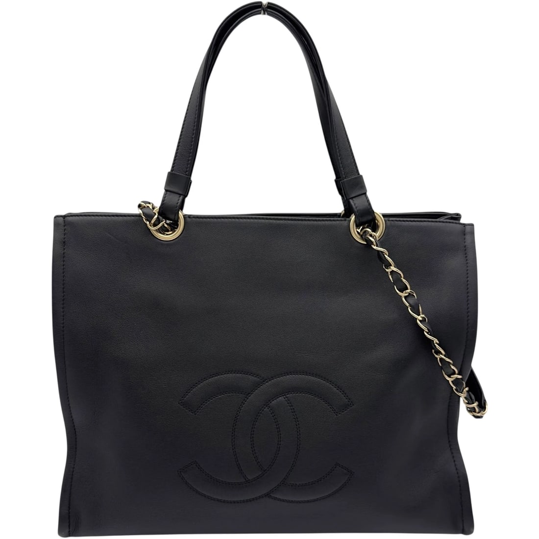 CHANEL COCO MARK 2WAY CHAIN TOTE TOTE BAG: CHANEL COCO Mark 2WAY Chain Tote Tote Bag Brand: CHANEL Type/Style: Tote Bag Material: Calfskin Color: Black Gold Hardware Size: W13.8 x H10.6x D3.9inch Accessories: None Accessories Notic