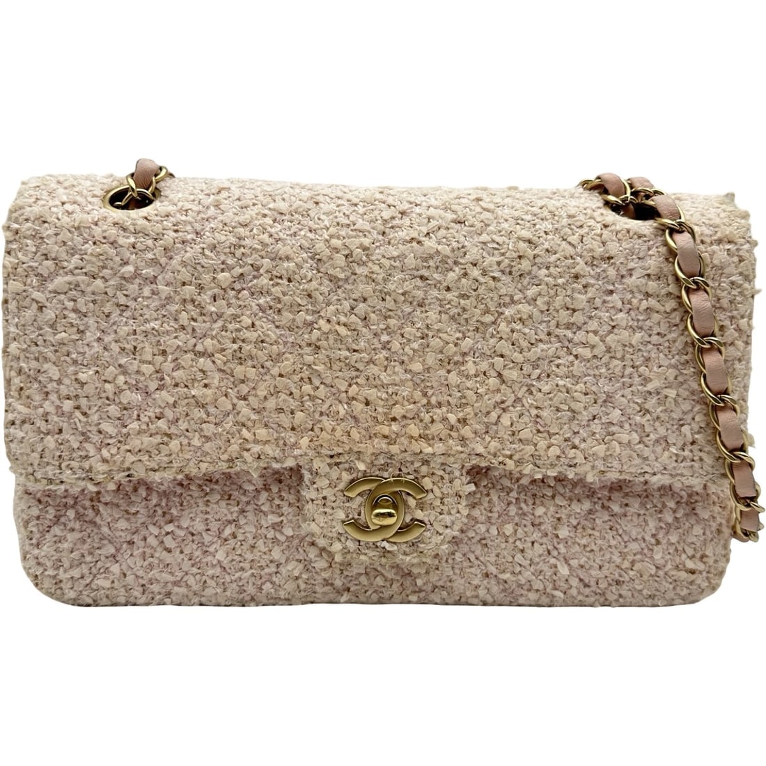 CHANEL MATRASSE 25 SHOULDER BAG: CHANEL Matrasse 25 Shoulder Bag Brand: CHANEL Type/Style: Shoulder Bag Material: Tweed / Leather Color: Pink Gold Hardware Size: W9.8 x H6.3x D2.6inch Shoulder:19.7inch Accessories: None A