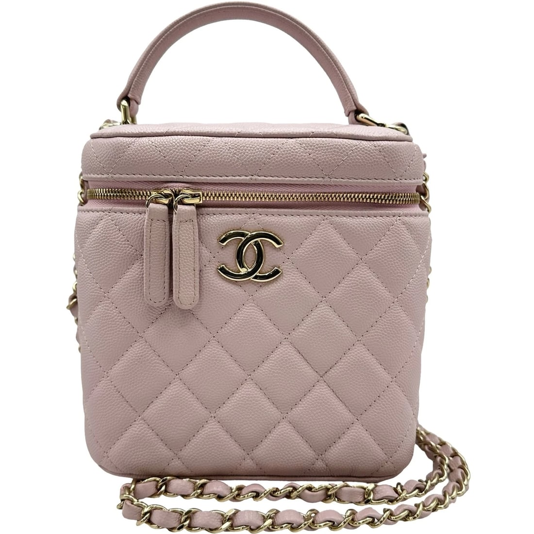 CHANEL MATELASSE VANITY CHAIN SHOULDER BAG: CHANEL Matelasse Vanity Chain Shoulder Bag Brand: CHANEL Type/Style: Shoulder Bag Material: Caviar skin Color: Pink Gold Hardware Size: W5.9 x H6.3x D4.7inch Shoulder:40.9inch Accessories: None