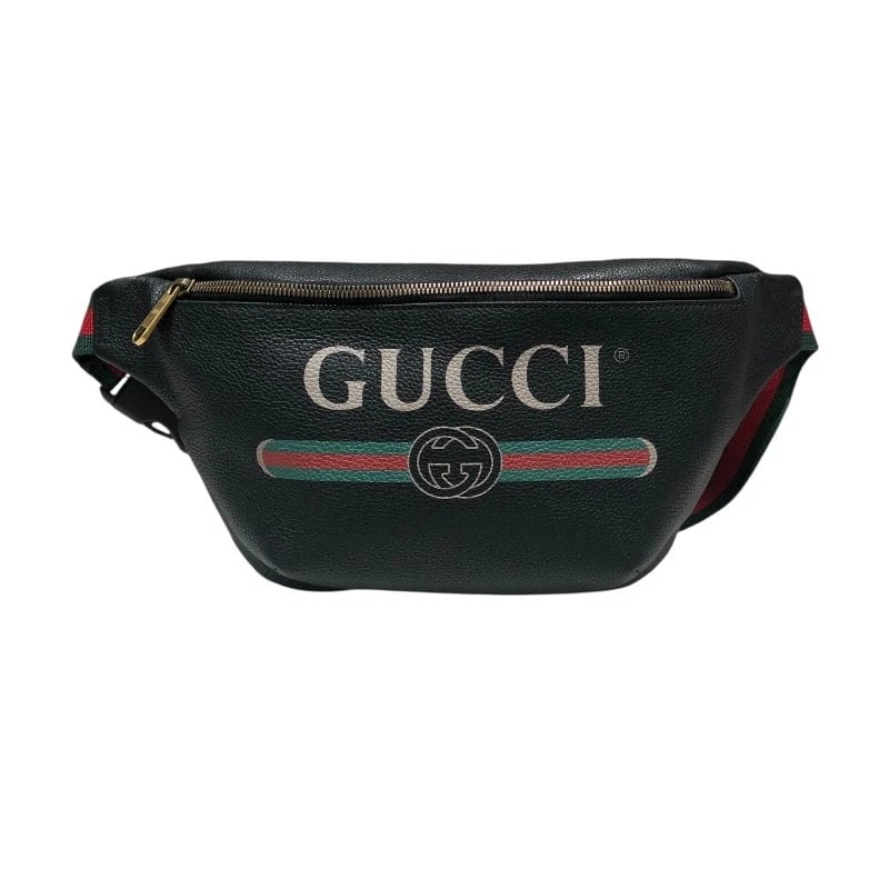 GUCCI LOGO PRINT BELT BAG: GUCCI Logo print belt bag Brand: GUCCI Type/Style: body bag Material: leather Color: black Size: W9.1 x H8.7x D2.4inch Accessories: None Accessories Notice: When purchasing pre-owned goods
