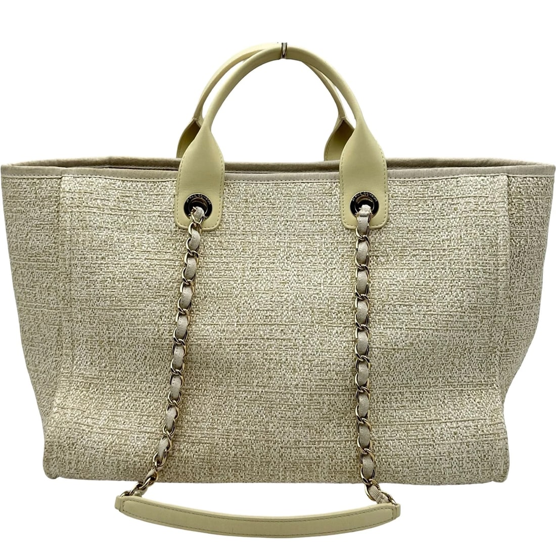 CHANEL DEAUVILLE GM TOTE BAG: CHANEL Deauville GM Tote Bag Brand: CHANEL Type/Style: Tote Bag Material: canvas Color: Ivory Gold Hardware Size: W19.9 x H11.6x D7.5inch Accessories: None Accessories Notice: When purchas