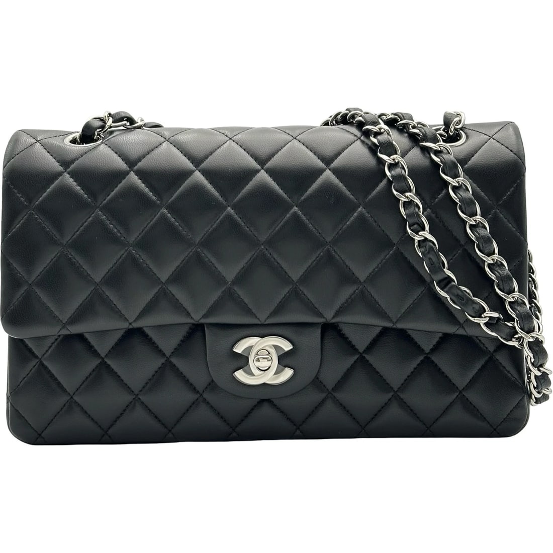 CHANEL MATRASSE 25 SHOULDER BAG: CHANEL Matrasse 25 Shoulder Bag Brand: CHANEL Type/Style: Shoulder Bag Material: lambskin Color: Black SilverHardware Size: W9.8 x H6.3x D2.4inch Shoulder:21.1inch Accessories: None Accessories