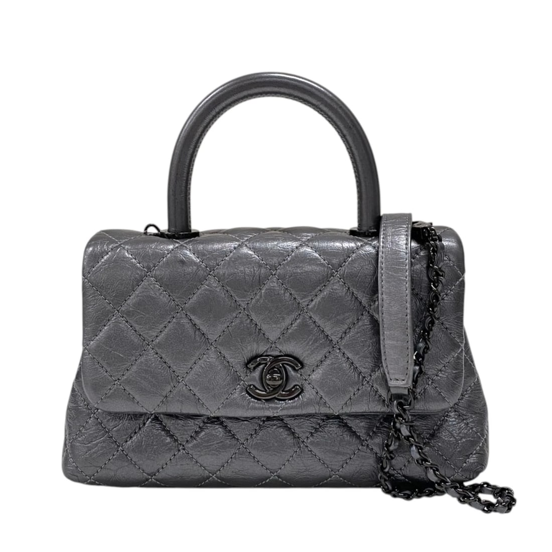 CHANEL COCO HANDLE XS HANDBAG: CHANEL Coco Handle XS Handbag Brand: CHANEL Type/Style: Handbag Material: Aged Calfskin Color: Metallic Silver Black Hardware Size: W9.1 x H5.9x D3.5inch Shoulder:36.2inch Accessories: None