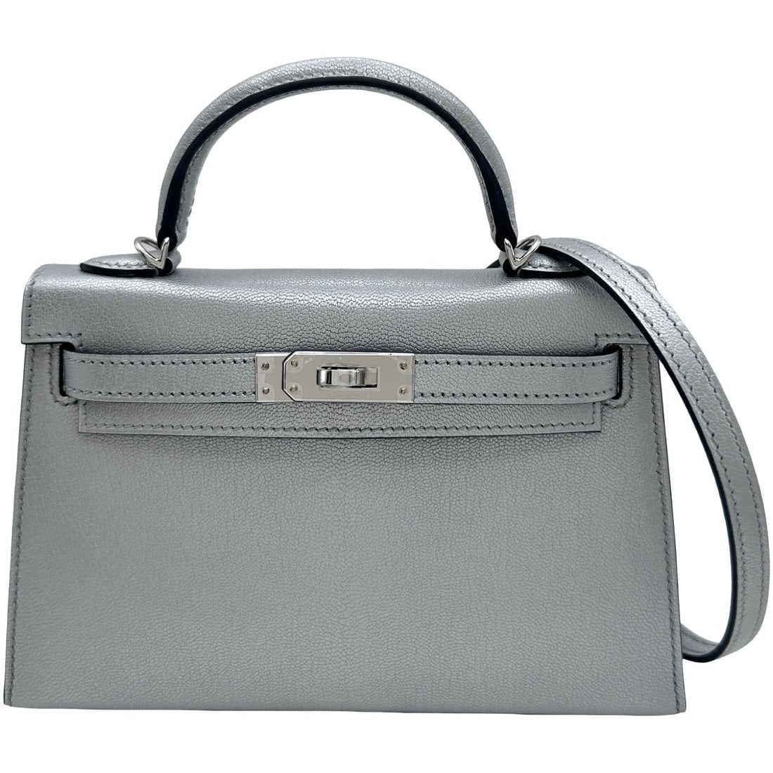 HERMES MINI KELLY 2 HANDBAG: HERMES Mini Kelly 2 Handbag Brand: HERMES Type/Style: Handbag Material: Chevre Shamkilla Color: Argent SilverHardware Size: W7.5 x H4.7x D2.2inch Shoulder:36.4inch Accessories: None Access