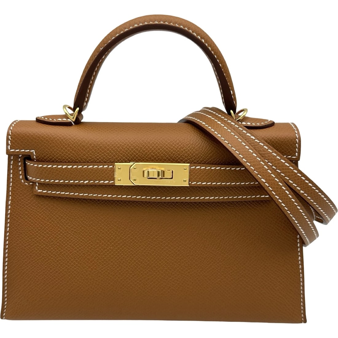 HERMES MINI KELLY 2 HANDBAG: HERMES Mini Kelly 2 Handbag Brand: HERMES Type/Style: Handbag Material: Epsom Color: Gold Gold Hardware Size: W7.5 x H4.9x D2.6inch Shoulder:38.6inch Accessories: None Accessories Notice: