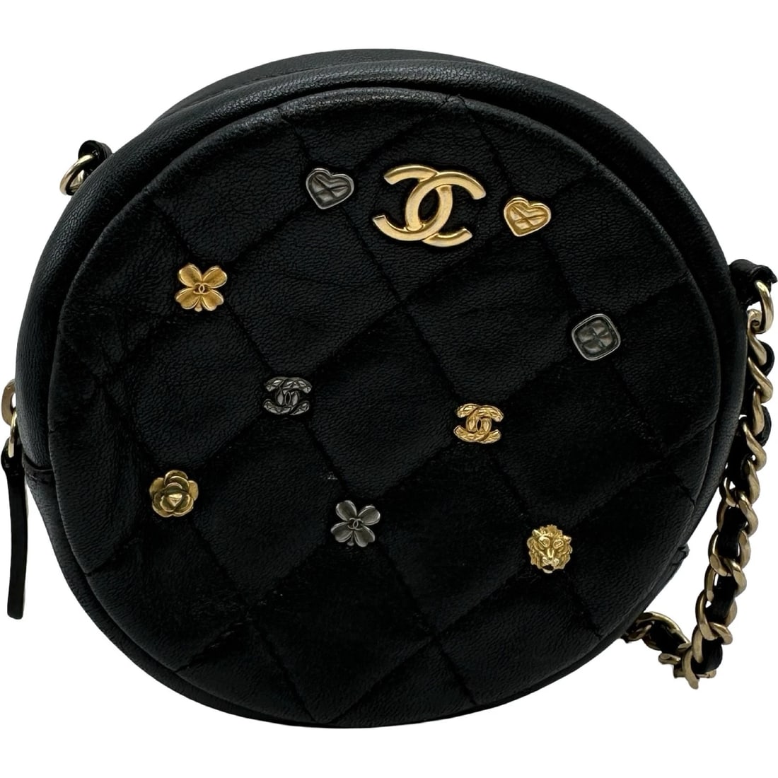 CHANEL COCO MARK CART CAMELLIA ROUND CHAIN SHOULDER: CHANEL COCO Mark Cart Camellia Round Chain Shoulder Brand: CHANEL Type/Style: Shoulder Bag Material: Ram Color: SilverHardware Size: W4.9 x H4.9x D1.8inch Shoulder:51.2inch Accessories: None
