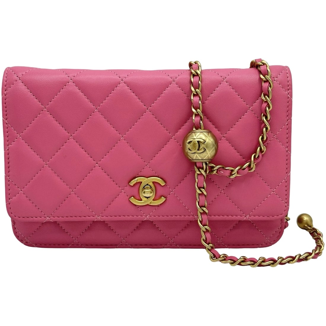 CHANEL COCOBALL MATELASSE CHAIN WALLET: CHANEL Cocoball Matelasse Chain Wallet Brand: CHANEL Type/Style: Wallet Chain Material: lambskin Color: Pink Gold Hardware Size: W7.5 x H4.9x D1.6inch Accessories: None Accessories Notice: When