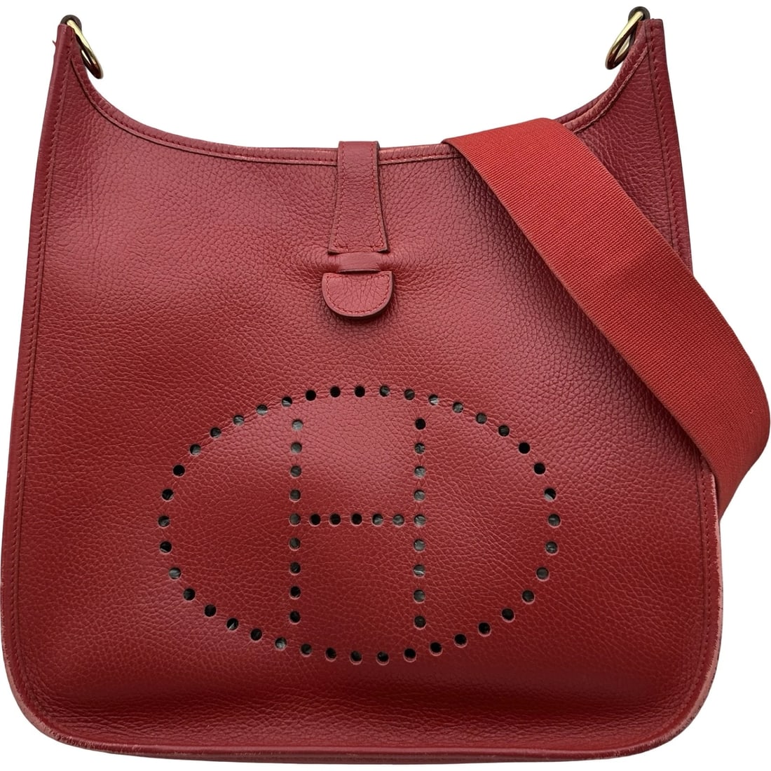HERMES EVELYN 1 GM SHOULDER BAG: HERMES Evelyn 1 GM Shoulder Bag Brand: HERMES Type/Style: Shoulder Bag Material: Ardenne Color: Rouge Viff Gold Hardware Size: W11.8 x H13.2x D3.3inch Accessories: None Accessories Notice: When